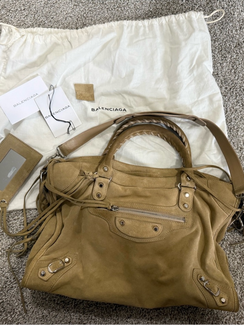 Balenciaga Tan Suede Classic Motorcycle Shoulder Bag